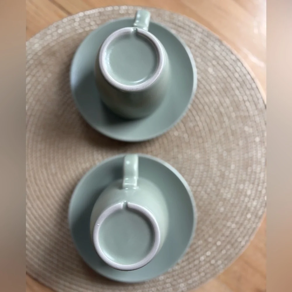 IKEA FÄRGKLAR series of dinnerware cups with saucers Matte Green Set of Two